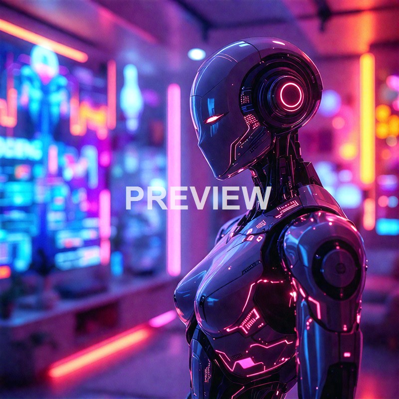 A highly detailed humanoid robot with a sleek, futuristic design and glowing pink accents stands in a neon-lit environment resembling a cyberpunk cityscape.
